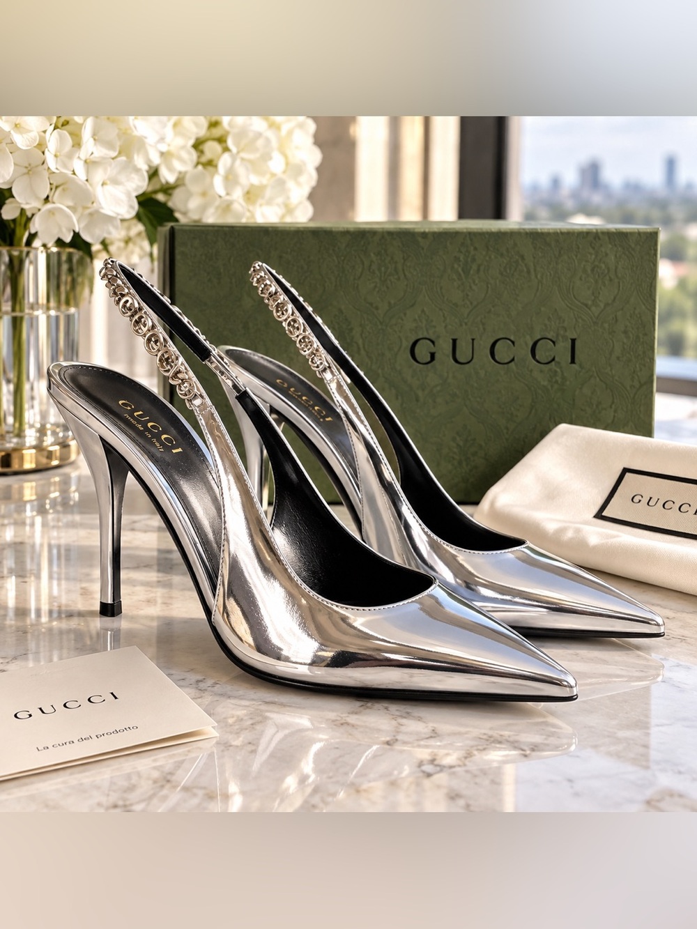 Gucci Signorina Silver Metallic Leather Slingback Pumps 38.5 102mm New
